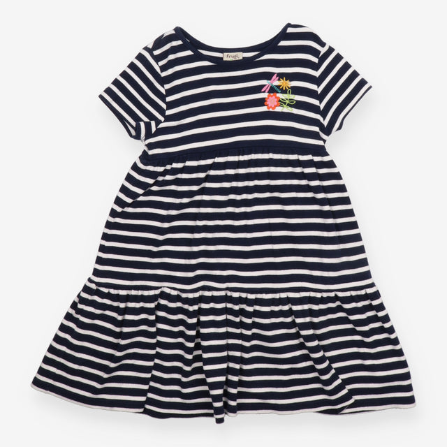 Blue and white striped dress with flower embroider
