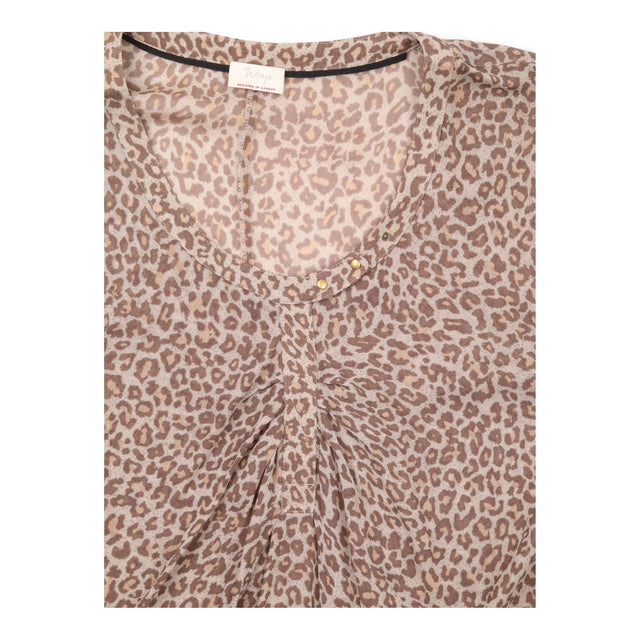 Top Brown Leopard Print Studded Neck Short Sleeve