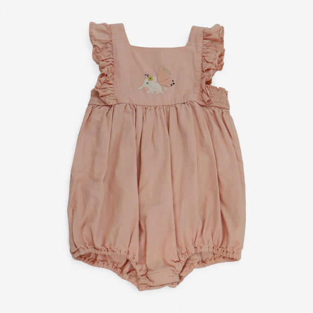 Romper Pink Woven with Elephant Applique
