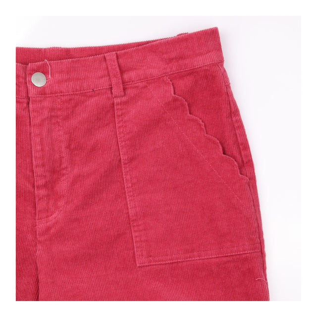 Cropped Trousers Berry Red Corduroy Scalloped Pock