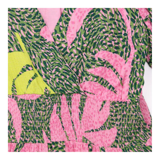Pink Green Printed V-Neck Dress Lurex Detail