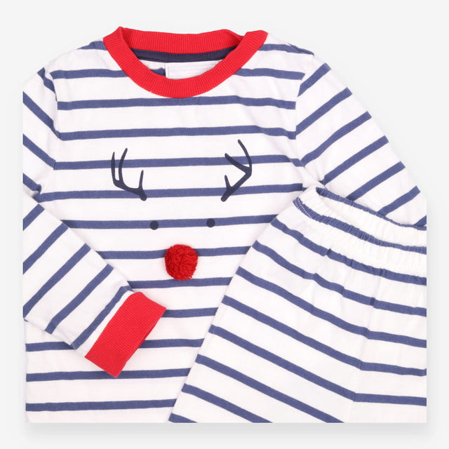 Pyjamas Blue stripe, Reindeer Face & red trim