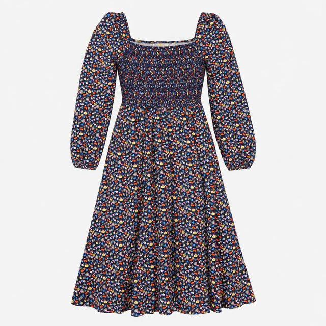 Navy Blue Ditsy Floral Print Smocked Shirred Bodic