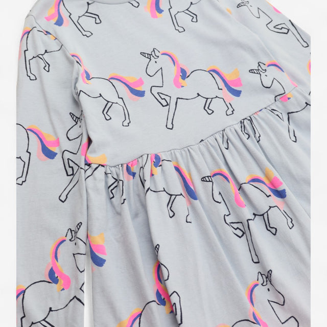 Long Sleeve Jersey Dress Blue with Rainbow Unicorn