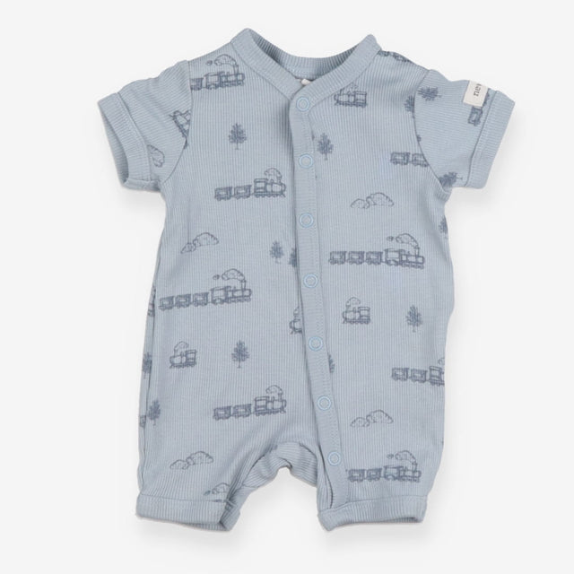 Blue ribbed romper with trains