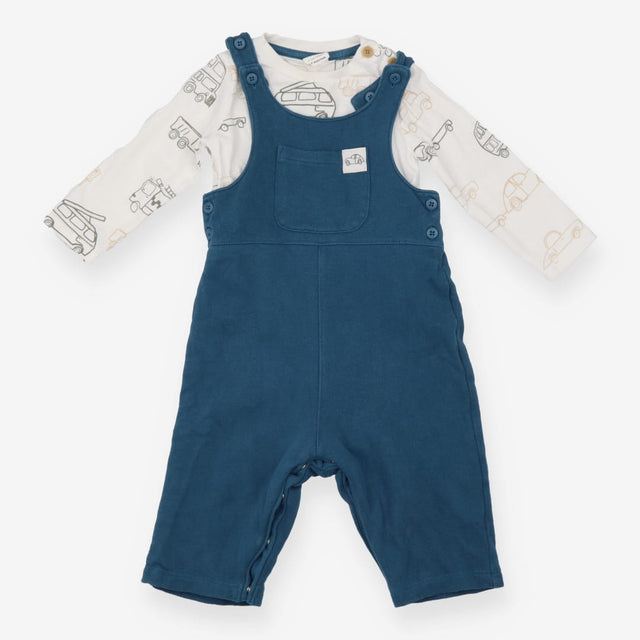 Outfit teal jersey dungarees cream sweater cars