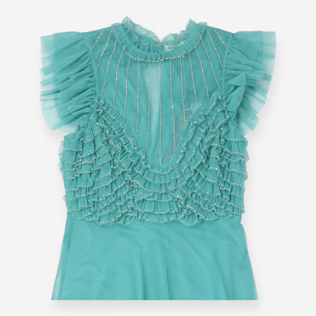 Maxi Dress Green Embellished Beaded Tiered Mesh Fr