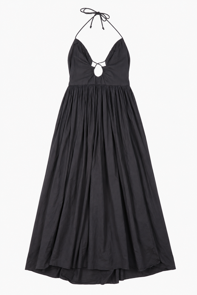 Midaxi Dress in Black Cotton with Halter Neck and