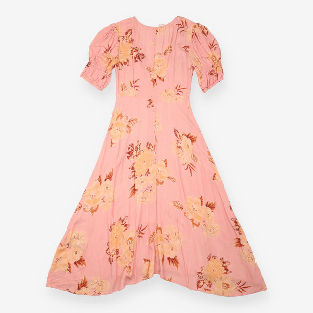 Midi Dress Coral Floral Button Front Puff Sleeve