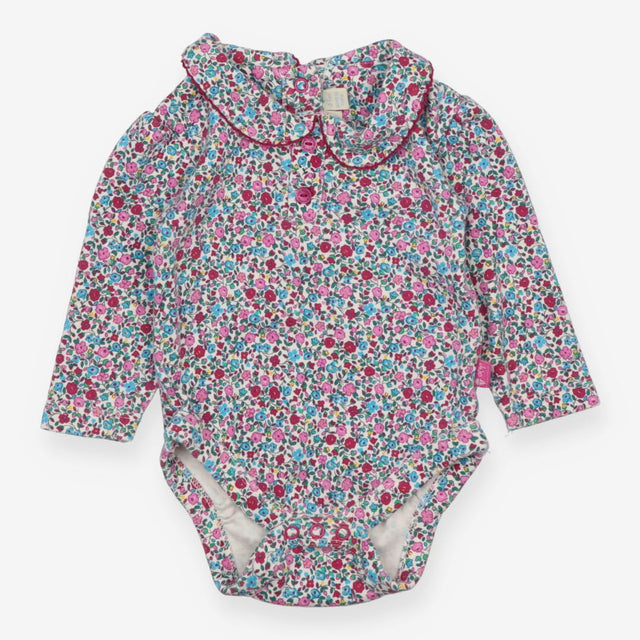 Bodysuit Collared White with Pink Floral Print
