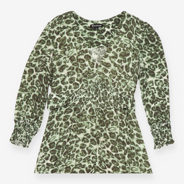 Leopard Print Midi Dress Green Shirred Waist