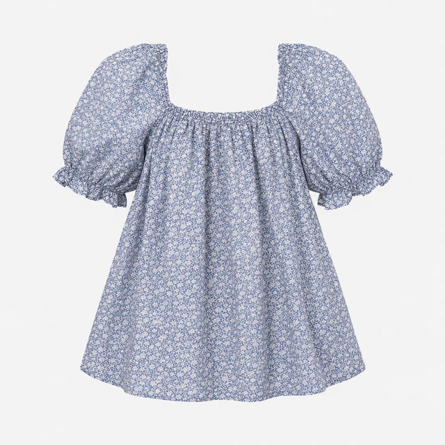 Top Blue White Floral Print Cotton Elasticated Nec