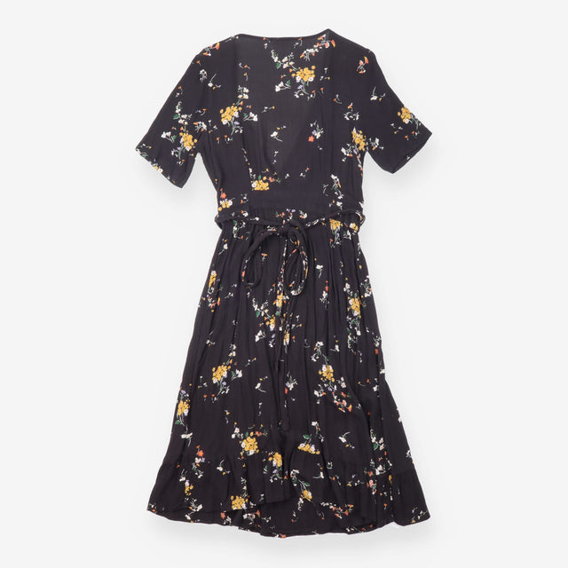 FatFace Black Ditsy Floral Wrap Short Sleeve Midi