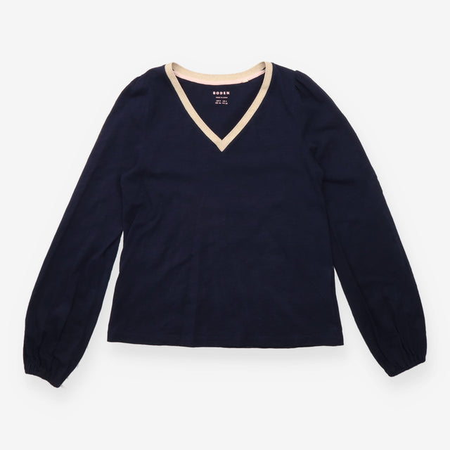 Navy Cotton V Neck Top With Mustard Trim