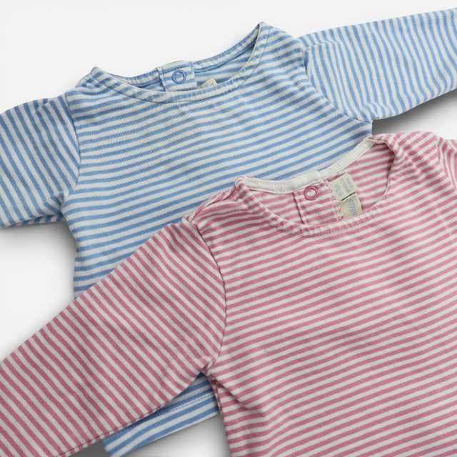 Tee LS 2pc pink stripe blue stripe
