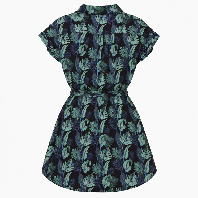 Tropical Leaf-Print Belted Shirt Dress