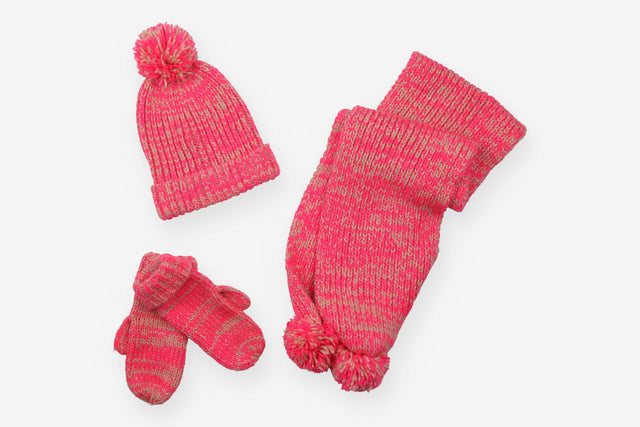 Knit pink/cream hat, scarf and mittens