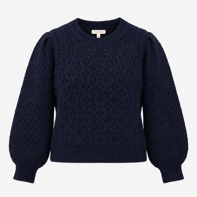 Navy Cable Knit Crew Neck Alpaca Blend Puff Sleeve