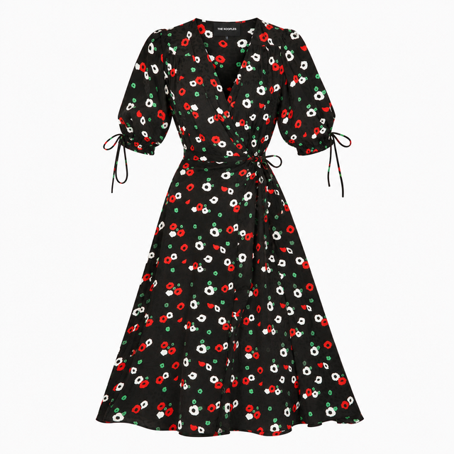 Black Floral Silk Blend Wrap Midi Dress