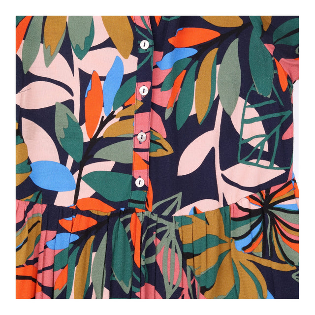 Navy Tropical Botanical Leaf Print Tiered Maxi Shi