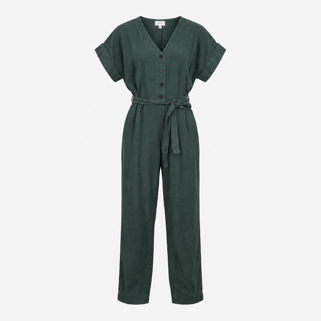 Jumpsuit Dark Green Pure Linen Belted Short Sleeve