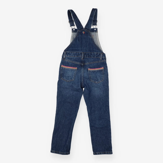 Blue dungarees with rainbow stitch pockets