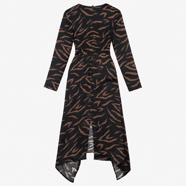 Black Tan Abstract Print Long Sleeve Wrap Midi Dre