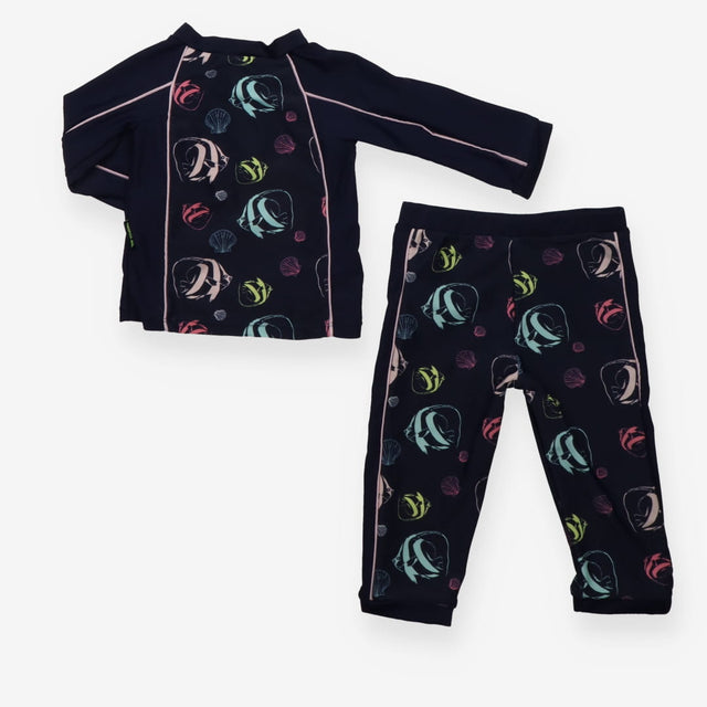 2 piece swim suit long sleeve navy fish and shells