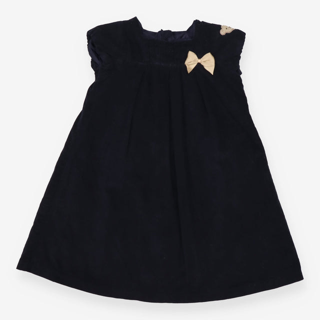 Dress SS cord navy blue bow teddy bear