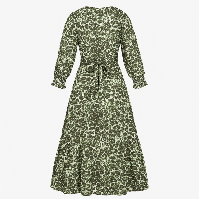 Leopard Print Midi Dress Green Shirred Waist