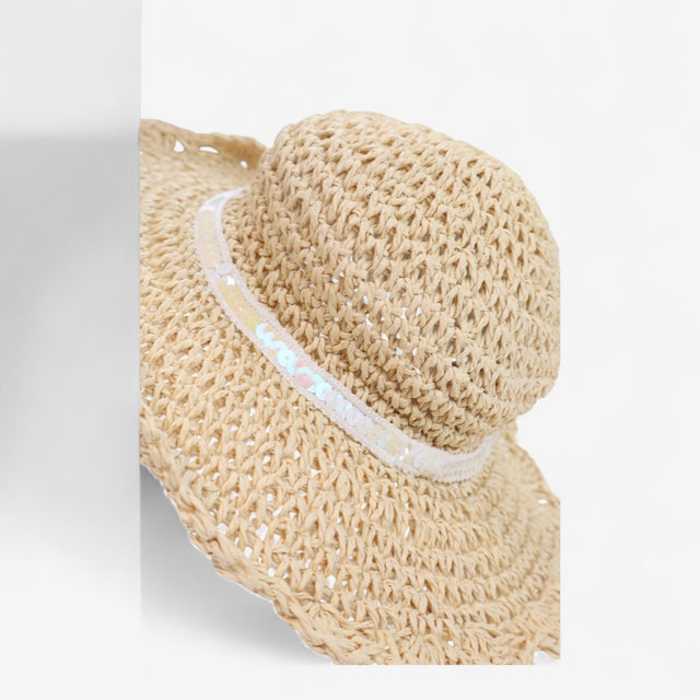 Hat straw sun with sequin trim