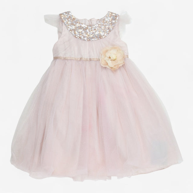 Dress Short Sleeved Pink Sparkle with Flower