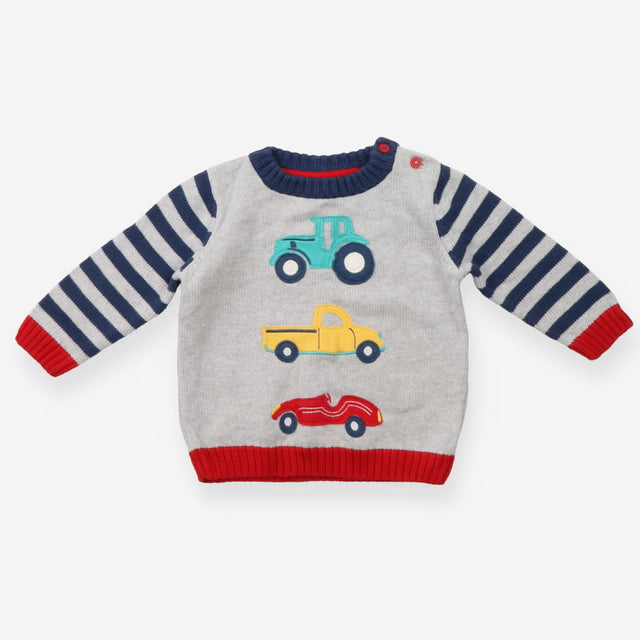 Sweater knit grey stripe sleeves vehicles