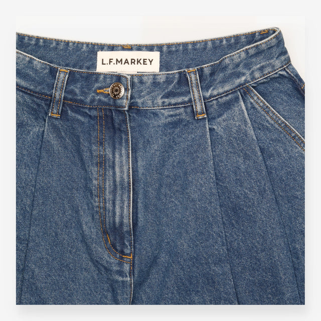 Jeans Mid Blue Pleated Wide Leg Cotton Denim