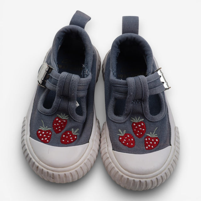 Blue slip on shoes, white sole strawberries