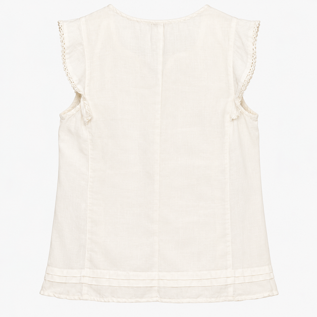 Top Sleeveless V Neck Linen Blend White Embroidere