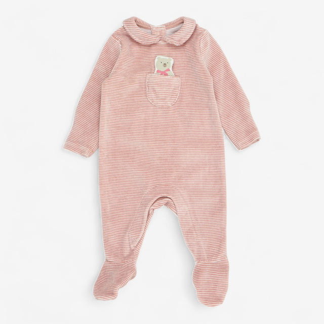 Sleepsuit Collared Velour Pink Stripe with Teddy