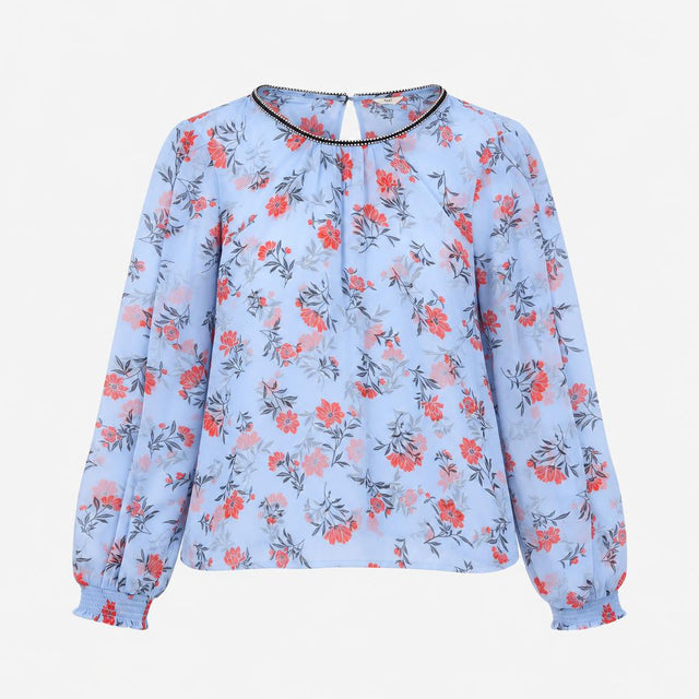 Blouse Light Blue Coral Floral Print Long Sleeves