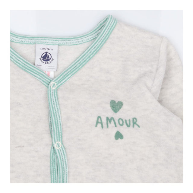 Velour Sleepsuit Grey written ''AMOUR'' in Green