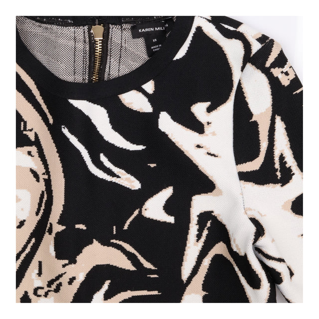 Top Black Cream Beige Marble Print Peplum