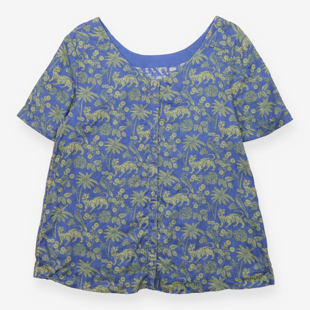 Top Blue Yellow Tiger Palm Print 100% Linen Short