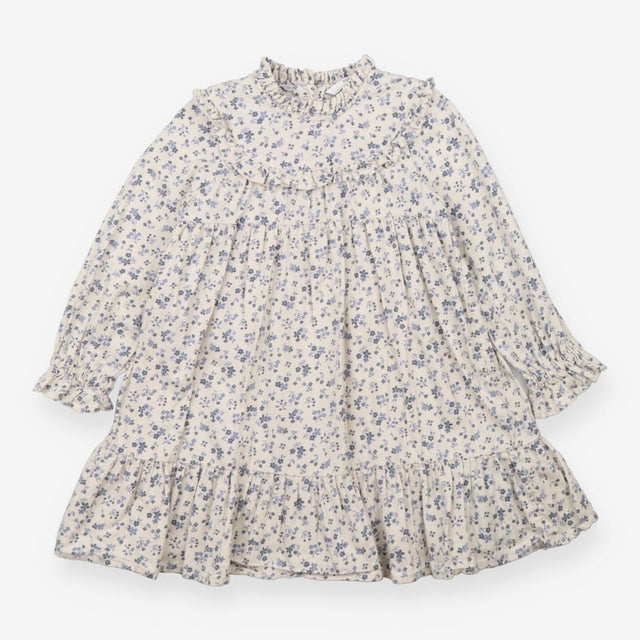 Dress LS cream blue flower frill neck cuffs