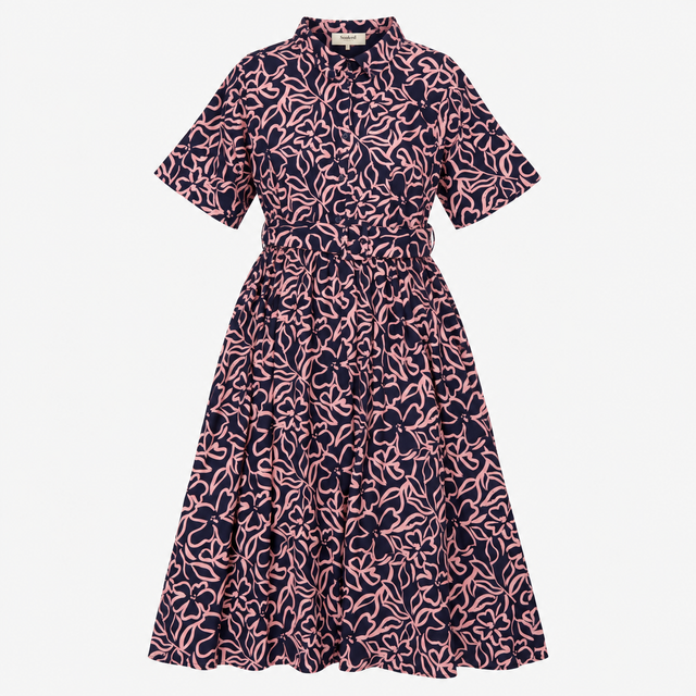 Navy Pink Abstract Print Tie Waist Maxi Dress