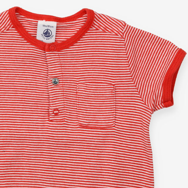 Jersey Romper Red and White Strips and Pocket