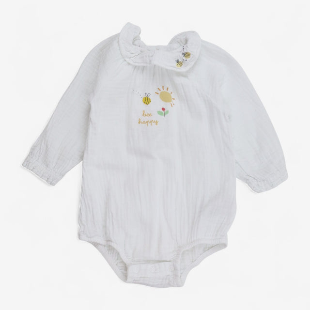 Bodysuit Long Sleeve Collar Muslin White Happy Bee
