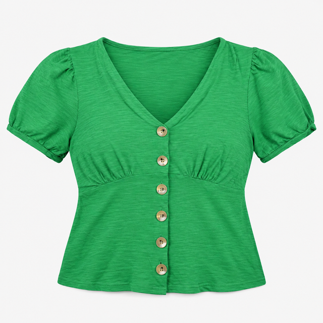 Bright Green 100% Cotton Slub Button Front V-Neck