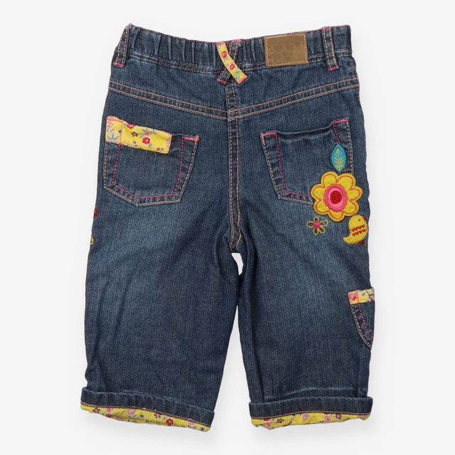 patchwork jeans with flowers and owl appliques