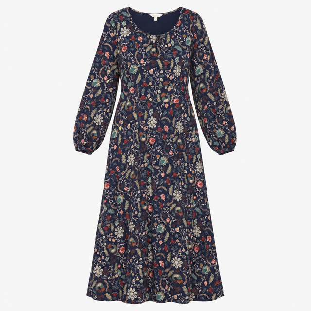 Bluebell Glade Botanical Floral Jersey Dress Navy