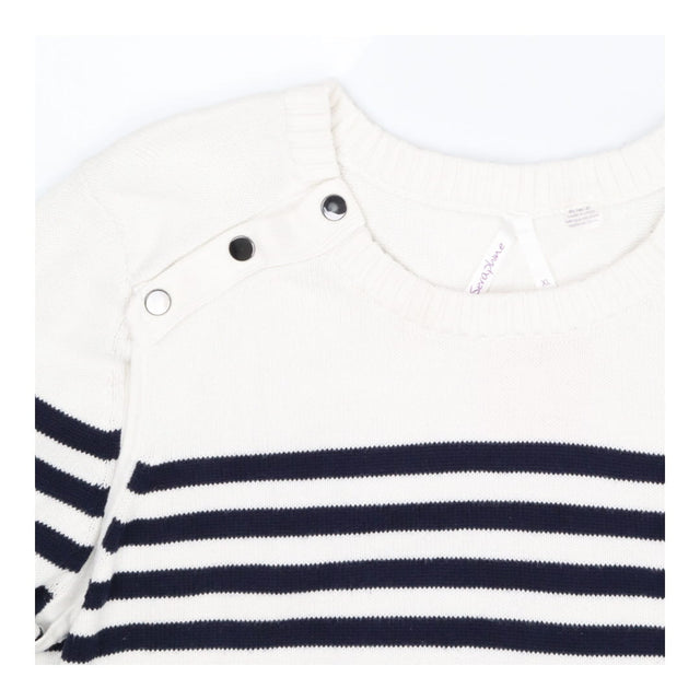 White and navy striped knit sweater dress maternit