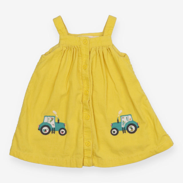 Pinafore Dress Cord Yellow with Tractor Appliques
